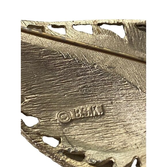 Signed BSK Goldtone Brooch Brushed Leaf Textured 2.1" Pin - Picture 8 of 16